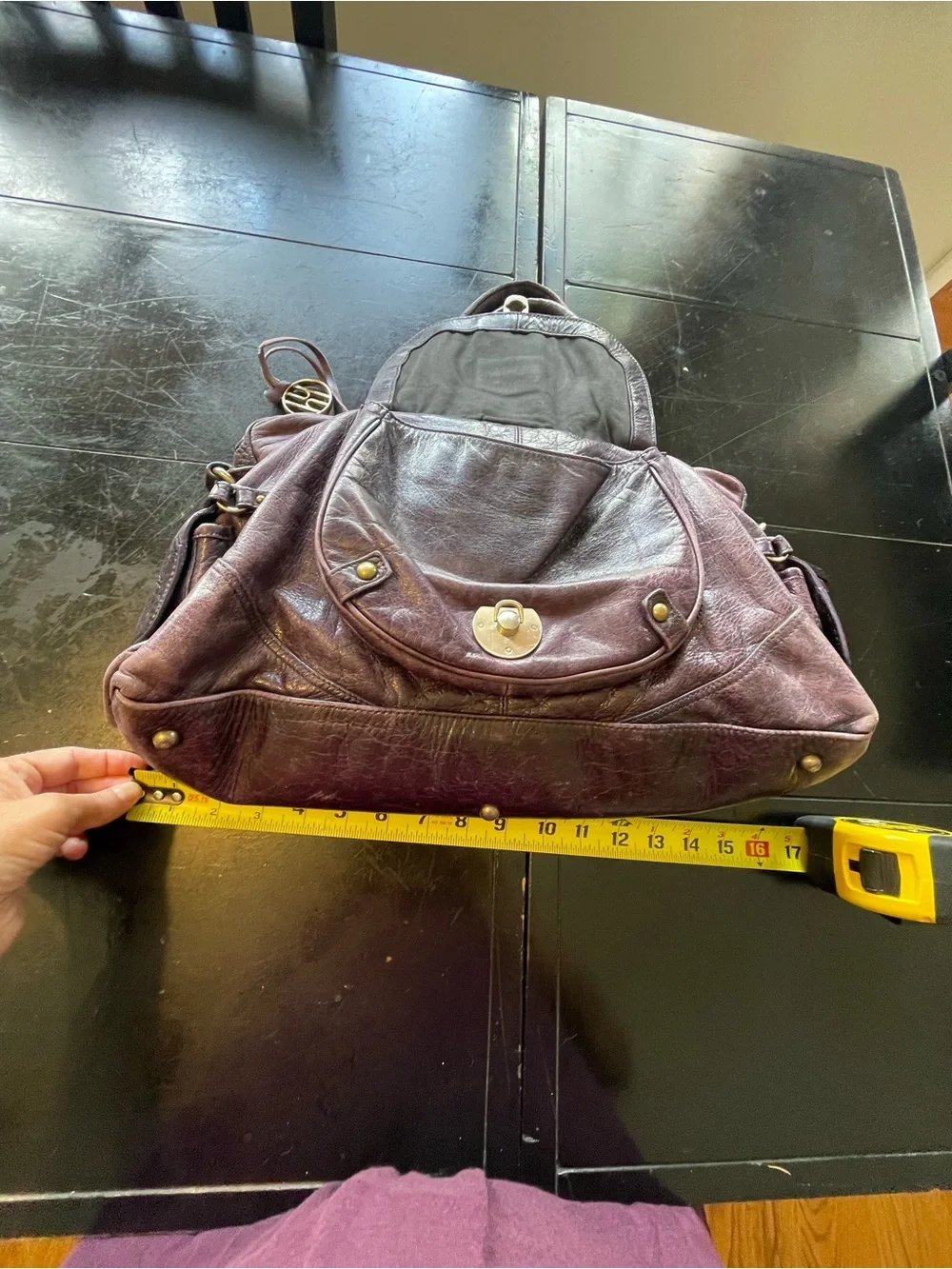 Plum Leather Satchel with Brass Accent Hardware